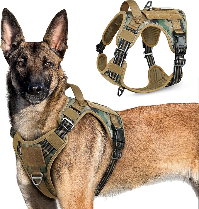 rabbitgoo Tactical Dog Harness for Large Dogs, No Pull Military Service Vest with Handle & Molle, Easy Control for Training Walking, Adjustable Reflective Straps, Brown camo, XL-Mewly Pet