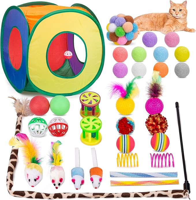 Retro Shaw Cat Toys Bundle 33 Pack, Interactive Kitten Toys for Indoor Cats Kitty with Collapsible Play Tunnel Tube Tent Feather Wand Teaser Bell Fuzzy Ball Springs Mouse Toy-Mewly Pet