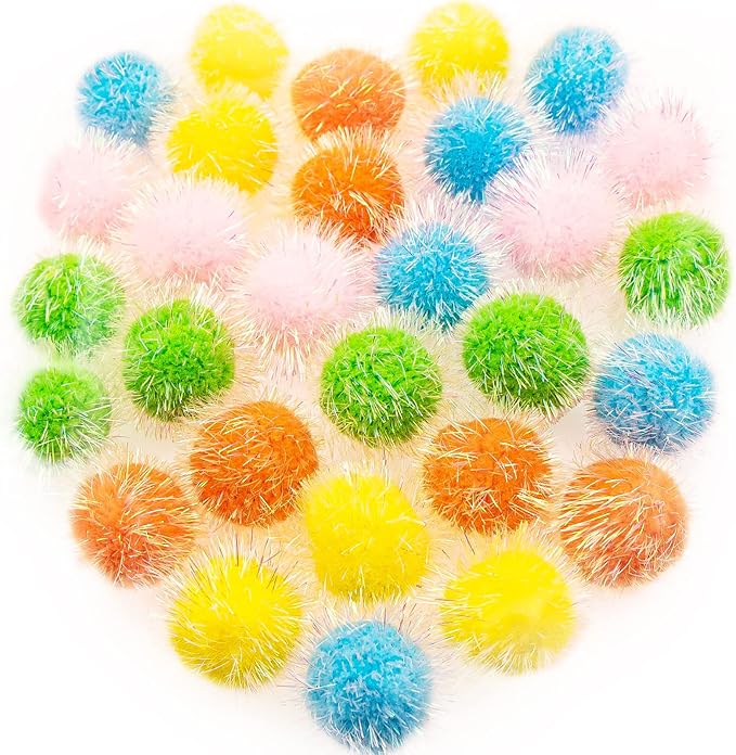 VAPKER 30 Pcs Cat Toys - Extra Large 2 Inch Sparkle Balls, Cat's Favorite Chase Glitter Tinsel Pom Poms, Assorted Colors-Mewly Pet