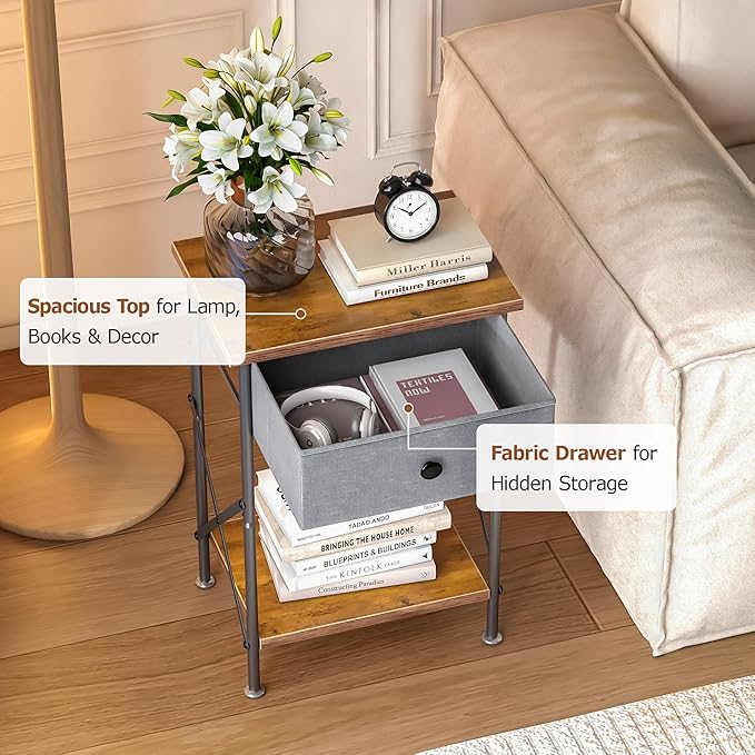 VECELO Nightstand with Drawer, Set of 2, Small Bedside Table with Storage and Adjustable Metal Legs, Wood End Table for Bedroom or Living Room, Perfect for Small Spaces and Modern Décor, Retro Brown