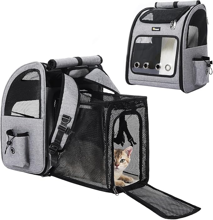 Hoopet Expandable Cat Backpack Carrier – Breathable Pet Carrier for Small Cats & Dogs, Foldable Travel Backpack with Mesh Ventilation for Hiking, Walking, Camping, Light Grey-Mewly Pet