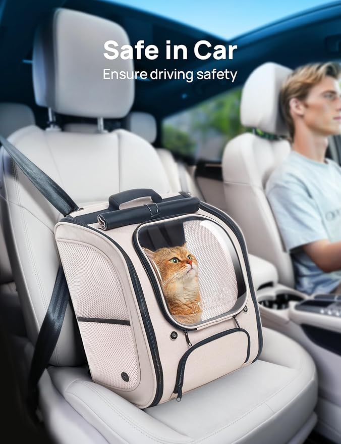 Pecute Cat Backpack Carrier, Large Space Cat Bubble Backpack, Breathable Cat Carrier, Shaded Dog Backpack Carrier, Ergonomic 3D Design for Travel, Hiking, Suitable for Shopping, and Vet, Khaki-Mewly Pet