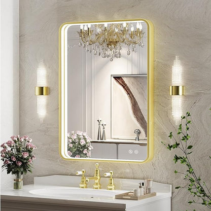 20X28 Inch Framed LED Lighted Bathroom Mirror,Wall Mounted Gold Metal Vanity Mirrors with Lights,Dimmable Illuminated Anti-Fog Mirror(Horizontal/Vertical)
