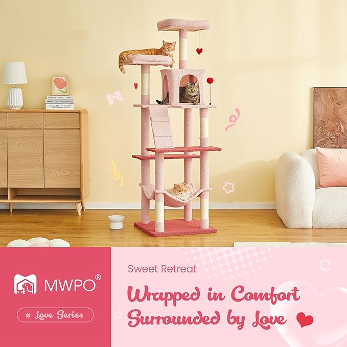 MWPO Cute Cat Tree, 70.1-Inch Tall Pink Cat Tower for Indoor Cats Large Adult, Multi-Level Cat Condo with 5 Scratching Posts, 2 Padded Perches, Hammock, Dangling Toys-Mewly Pet