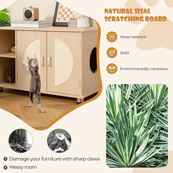 Tangkula Litter Box Enclosure, Hidden Cat Washroom with Storage Shelf, Sisal Scratching Doors, Adjustable Metal Feet, Modern Cat Litter Cabinet Storage Bench, Enclosed Litter Box Furniture (Natural)-Mewly Pet