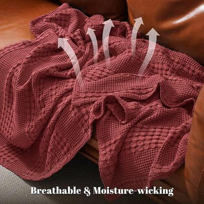 PHF 100% Cotton Waffle Weave Blanket Queen Size for Bed, Soft Lightweight & Breathable, All-Season Comfort, Luxury Aesthetic Woven Bedding for Home Decor, 90"x90", Wine Red