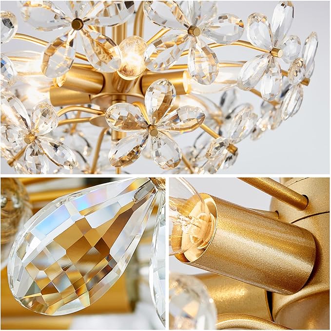 WUZUPS Crystal Chandelier Pendant Flushmount Ceiling Light Modern Lighting Fixture for Bedroom Hallway Bar Kitchen Bathroom, H 15.7" x W 17.7", Gold, E12 Base