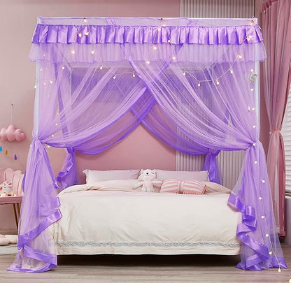 Mengersi Canopy Bed Curtains Queen Size - Bed Canopy Curtains - 4 Opening Canopy for Bed- Cute Princess Bedroom Decoration Gift (Purple, Queen)