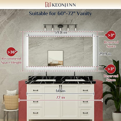 Keonjinn 60 x 28 Inch LED Bathroom Mirror with Lights Backlit Vanity Mirror Anti-Fog Lighted Bathroom Mirror Large Wall Mounted Dimmable Makeup Mirror with Memory Function(Horizontal/Vertical)