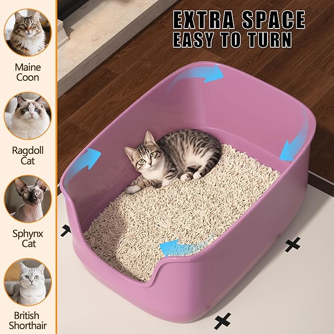 Gefryco Large Cat Litter Box with High Sided 24.6"x18.3"x12.2" - Jumbo Extra Large Open Anti - Splashing High Wall for Multiple Cats (Pink)-Mewly Pet