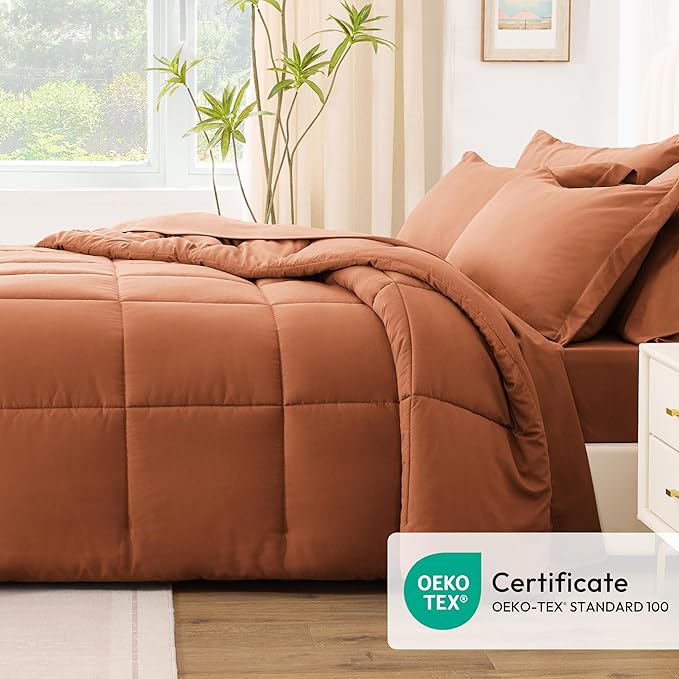 Love's cabin Full Comforter Set Burnt Orange, 7 Pieces Full Bed in a Bag, All Season Bedding Sets with 1 Comforter, 1 Flat Sheet, 1 Fitted Sheet, 2 Pillowcase and 2 Pillow Sham