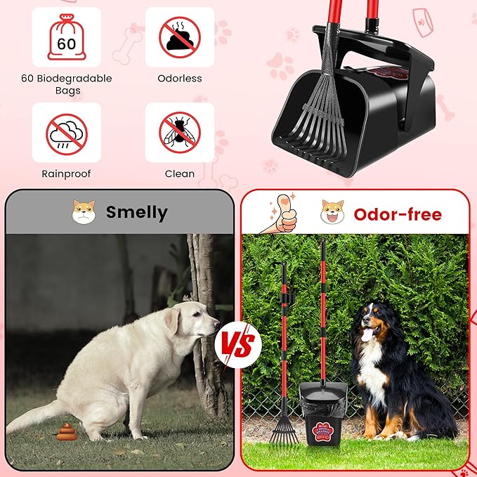 Pooper Scooper Swivel Bin and Rake with 60 Waste Bags, Heavy Duty Dog Poop Scooper for Large Medium Small Dogs, Long Stainless Steel Handle Use on Yard, Grass, Dirt or Gravel-Mewly Pet