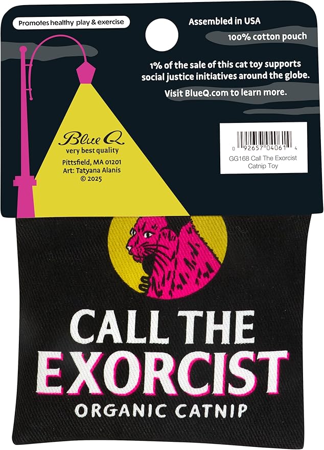Blue Q Call The Exorcist Catnip Cat Toy. Premium Organic Catnip Grown in The USA, 100% Cotton Pouches, Kitty Graphics Sure to Delight Every Cat-Keeper.-Mewly Pet