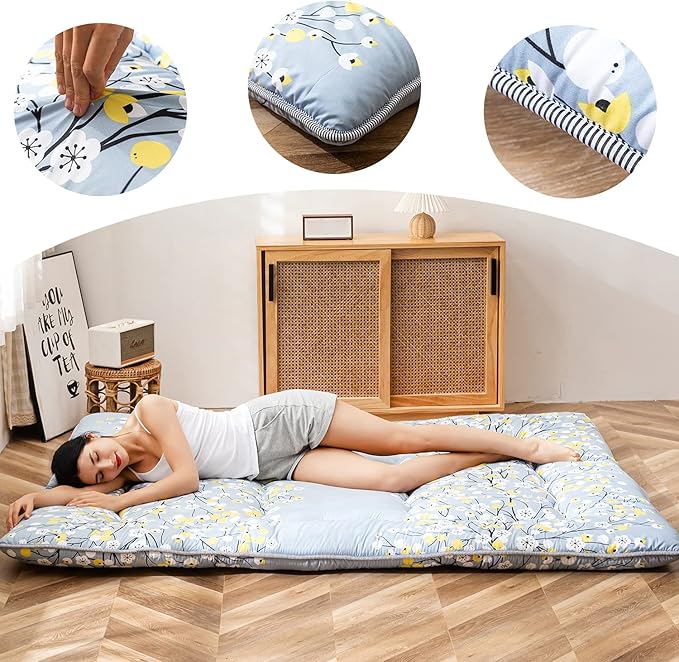 MAXYOYO Little Floral Japanese Futon Floor Mattress, Bed Mattress Topper Portable Thick Sleeping Pad Floor Bed Roll Up Camping Mattress Folding Couch Bed Mattress Pad for Guest Room Twin