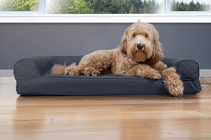 Furhaven Cooling Gel Dog Bed for Large/Medium Dogs w/ Removable Bolsters & Washable Cover, For Dogs Up to 55 lbs - Quilted Sofa - Iron Gray, Large-Mewly Pet