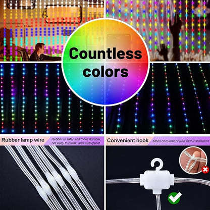 HXWEIYE 300LED Fairy Curtain Lights, 9.8x9.8Ft USB Plug-in 8 Modes Christmas String Hanging Lights with Remote for Bedroom Backdrop Wedding Party Indoor Wall Decor, RGB Color Changing, Standard