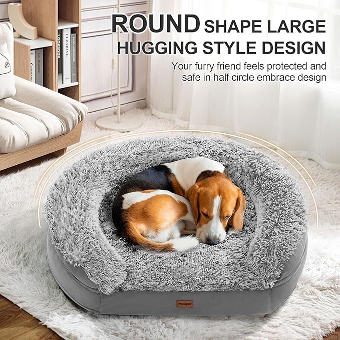 3.7 inch Thickened Orthopedic Dog Beds for Medium Dogs, Supportive Dog Sofa Bed with 28D Egg-Crate Foam, Removable Washable Plush Cover, Waterproof Lining, Half-Round Design for Puppy,Senior Dog-Mewly Pet