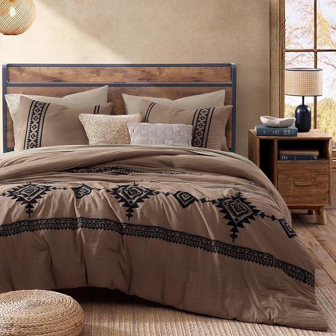 MaiRêve Embroidery Queen Size Comforter Set Brown, Boho Farmhouse Western Bedding Set 7 Pieces, All Season Bed in A Bag Comforter Set with Sheets, Pillowcases & Shams
