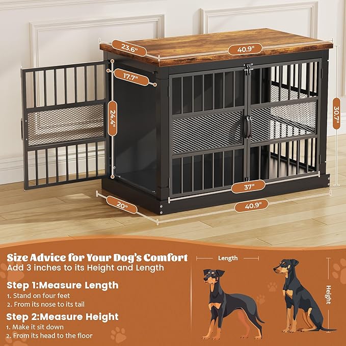 VOPEAK 40" Dog Crate Furniture, Chew Resistant Dog Crate for Dogs, Heavy Duty Dog Crates Dog Kennel Cage Indoor with Double Doors, End Table for Bedroom Living Room, Black-Mewly Pet