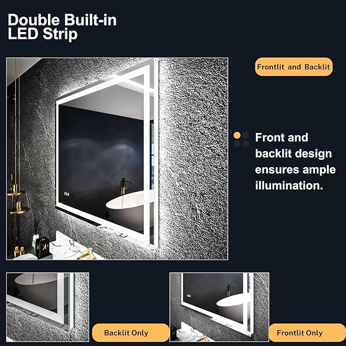 LED Bathroom Mirror 40"x 30",Front Lit and Backlit Bathroom Mirror with Lights,Stepless Dimmable,Anti-Fog, Shatter-Proof, Memory, 3 Colors Lighted Vanity Mirror (Horizontal/Vertical)