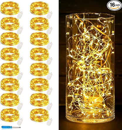 16 Pack 10 ft 30 LED Fairy Lights Battery Operated Waterproof Silver Wire Mini String Lights Firefly Starry Moon Lights for DIY Crafts Wedding Party Bedroom Table Centerpieces Christmas(Warm White)