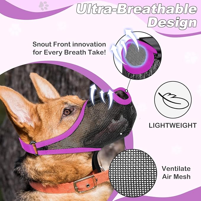 Dog Muzzle, Soft Air Mesh Muzzle for Small Medium Large Dogs Anti Biting Barking Chewing Scavenging, Breathable Adjustable Loop Pets Muzzle with Front Opening Design Allows Panting Drinking(Purple,XL)-Mewly Pet