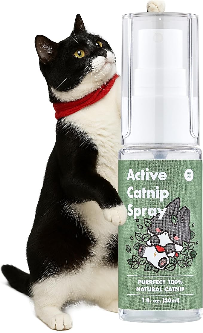 JAYU PET Active Catnip Spray - High Potency Transparent Liquid Spray made of Fresh Organic Catnip for Indoor Cats and Kittens, Relieves Stress, Calming, Revives Toys (1fl oz) (Catnip Spray, 1fl oz)-Mewly Pet