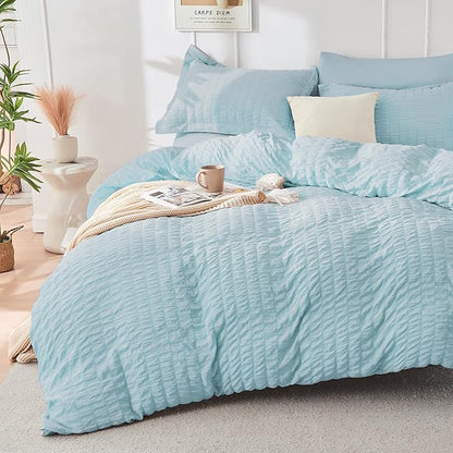HYMOKEGE Lake Blue Queen Comforter Set Seersucker 7 Pieces, All Season Luxury Bed in a Bag for Bedroom, Bedding Set with Comforters, Sheets, Pillowcases & Shams