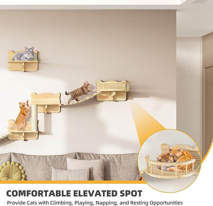 Cat Wall Shelves, Cat Wall Furniture Pine Wooden Feline Shelf, 9 Piece Shelves and Perches with Bed, House, Steps, Bridge Ladder and Scratching Post-Mewly Pet