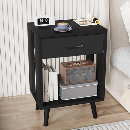 GYIIYUO Nightstands Set of 2 with Fabric Storage Drawer and Open Wood Shelf, Side Table with Storage for Bedroom, Night Stand with Drawer for Bedroom, Bedside Tables - Black 24" H