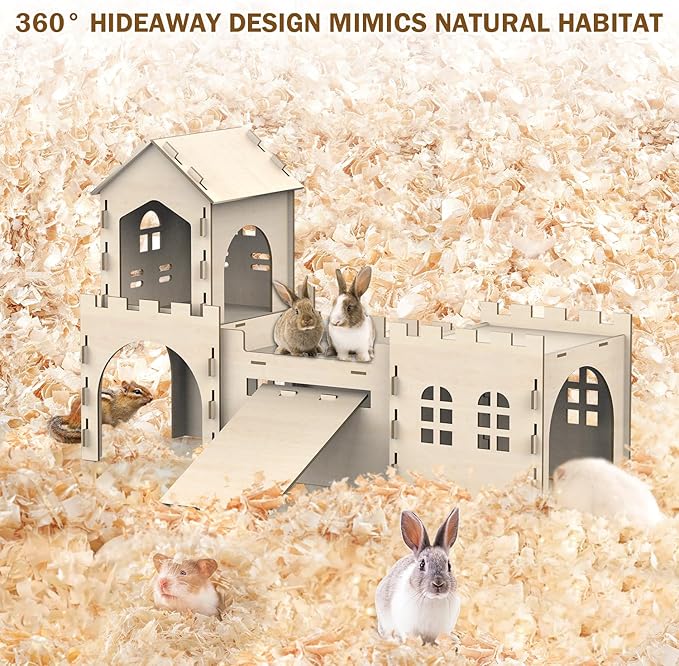Large Bunny House and Hideouts, Wooden Dual-Layer Rabbit Castle with Stair, Rubber Band-Free Setup - Chew-Proof, Sturdy Habitat for Guinea Pig Chinchilla Ferret (Rabbit House)-Mewly Pet