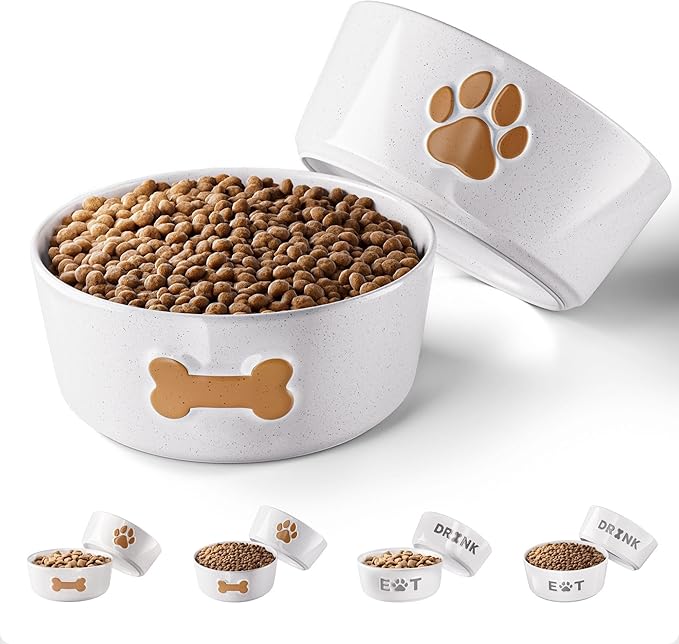 Ceramic Dog Bowl Set of 2 with Anti-Skid Base - 6.5" Wide x 2.5" Tall Ceramic Dog Bowls Medium Sized Dogs - 3.8 Cup Capacity Food and Water Bowls for Dogs - Rubber Bottom Pet Bowl Set of 2 Medium Size-Mewly Pet