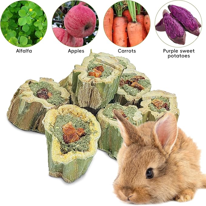 Fhiny Rabbit Chew Toys Natural Baked Papaya Wood Bunny Molar Treats Contain Alfalfa Grass Apple Carrot and Purple Sweet Potato Filling for Hamsters Guinea Pigs Chinchillas Teeth Grinding(0.44 lb)-Mewly Pet