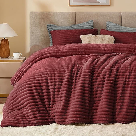 BEDELITE Fleece Full Comforter Set -Super Soft & Warm Fluffy Burgundy Bedding, Luxury Fuzzy Heavy Bed Set for Winter with 2 Pillow Cases