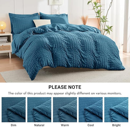 HYMOKEGE Teal Queen Comforter Set Seersucker 7 Pieces, All Season Luxury Bed in a Bag for Bedroom, Bedding Set with Comforters, Sheets, Pillowcases & Shams