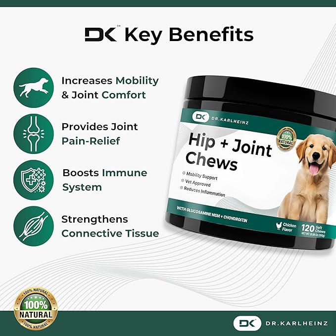 Glucosamine for Dogs - Max Strength Hip and Joint Supplement for Dogs - MSM, Chondroitin, Hemp Oil, Turmeric - Mobility Support and Pain Relief - 120 Chewable Tablets (Chicken Flavor)-Mewly Pet