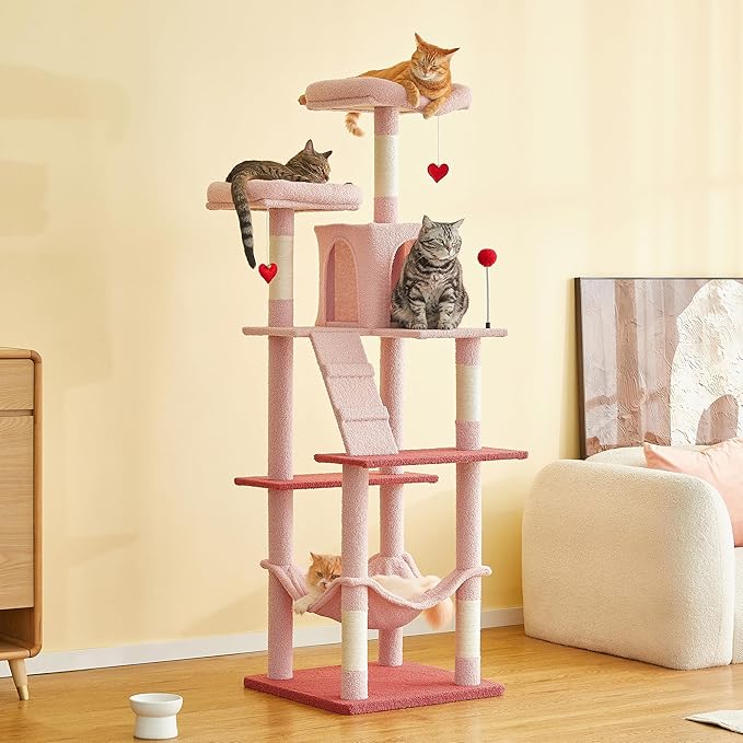 MWPO Cute Cat Tree, 70.1-Inch Tall Pink Cat Tower for Indoor Cats Large Adult, Multi-Level Cat Condo with 5 Scratching Posts, 2 Padded Perches, Hammock, Dangling Toys-Mewly Pet