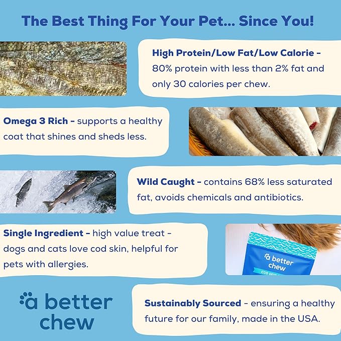 A Better CHEW – Wild Caught Cod Skin Dog Treats | Sourced and Made in The USA, Single Ingredient, Dehydrated | Natural, Healthy Alternative to Rawhides + Bully Sticks, Long Lasting Chew-Mewly Pet