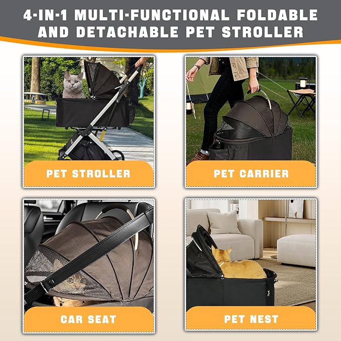 Pet Stroller for Small & Medium Dogs Cats up to 55 lbs 4-in-1 Foldable Travel Pet Stroller with Detachable Carrier Lightweight All-Terrain Spring Damping,Car Seat,Sun Canopy,Black-Mewly Pet
