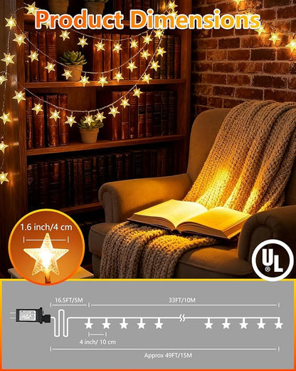 Twinkle Star 100 LED Star String Lights, 33FT Plug in Fairy String Lights Waterproof, Extendable for Indoor, Outdoor, Wedding Party, Christmas Tree, New Year, Ramadan, Garden Decoration, Warm White