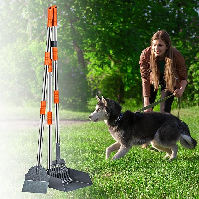 Niubya Pooper Scooper for Dogs, Metal Poop Scooper Tray Spade and Rake Set, Poop Scoop with Adjustable Long Handle, Dog Pooper Scooper for Pet Waste Removal-Mewly Pet