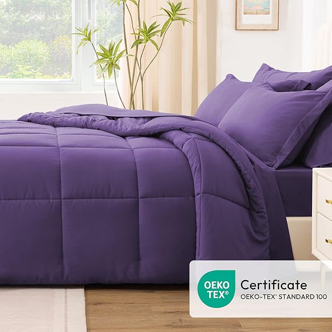 Love's cabin California King Comforter Set Dark Purple, 7 Pieces California King Bed in a Bag, All Season Bedding Sets with 1 Comforter, 1 Flat Sheet, 1 Fitted Sheet, 2 Pillowcase and 2 Pillow Sham