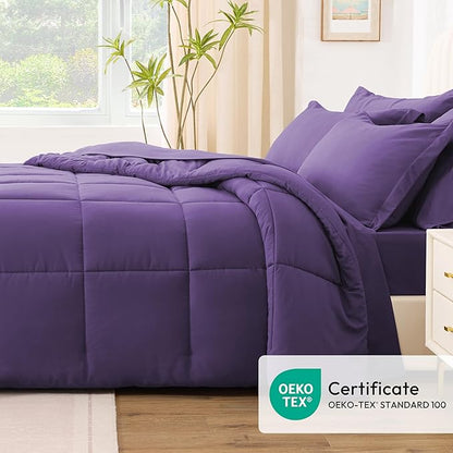 Love's cabin Twin Comforter Set Dark Purple, 5 Pieces Twin Bed in a Bag, All Season Bedding Sets with 1 Comforter, 1 Flat Sheet, 1 Fitted Sheet, 1 Pillowcase and 1 Pillow Sham