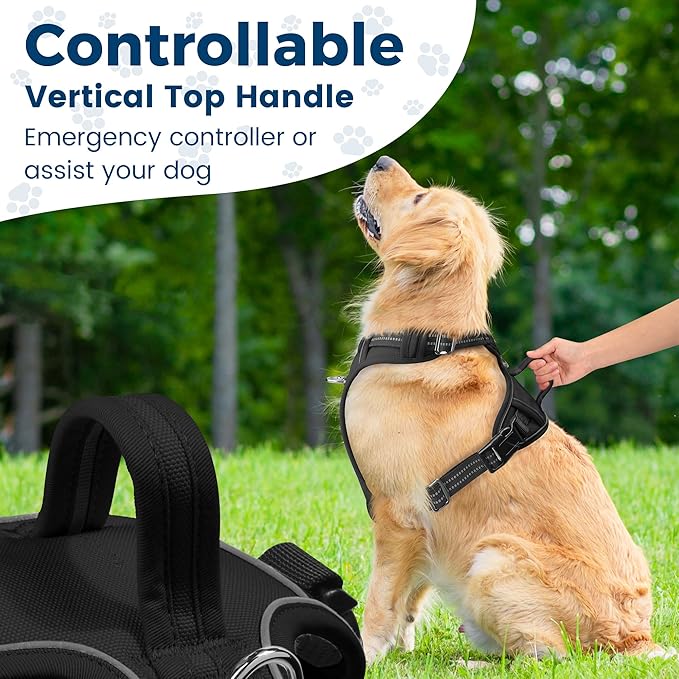 Funfox Dog Harness No Pull, Adjustable Dog Vest Harness Super Soft, 2 Leash Clips Anti Pull, Vertical Handle Easy to Control, Reflective Night Walking for Large Breed, Black, L-Mewly Pet