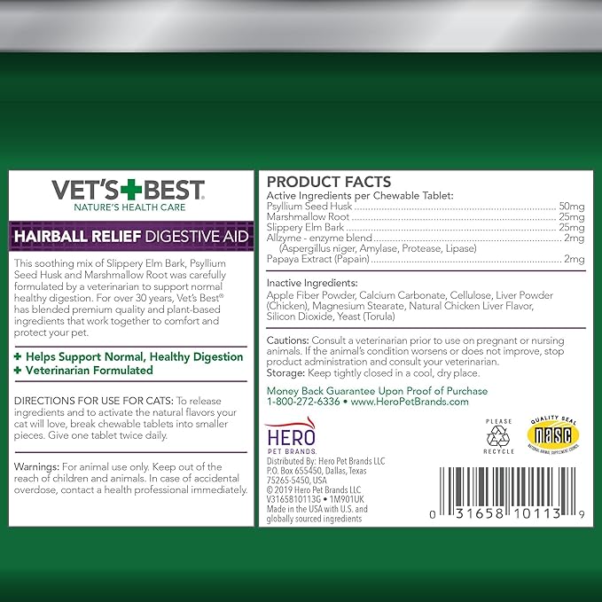 Vet’s Best Cat Hairball Relief Digestive Aid, Vet Formulated Hairball Support Remedy, Hairball Relief for Cats, Classic Chicken Flavor, 180 Chewable Tablets-Mewly Pet