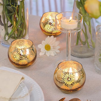 Gold Mercury Glass Votive Candle Holders Set of 12, Round Tealight Candle Holders Bulk for Table Centerpieces, Weddings, Shower Gifts, Christmas, Halloween Party Decorations