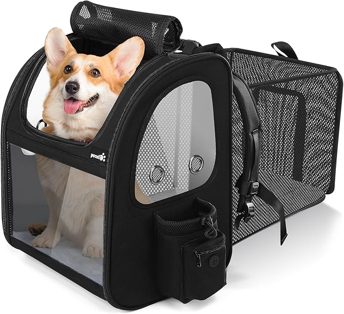 Pecute Pet Carrier Backpack, Large Cat Carrier Backpack, Expandable cat Backpack with Breathable Mesh for Medium Dogs Cats, or 2 Small Pets, Dog Backpack Carrier for Travel Hiking, Black-Mewly Pet