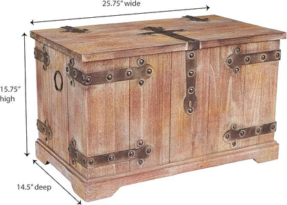 Household Essentials Decorative Trunk, Victorian, Large, Chinese Fir Wood, Aged-Wood Finish with Metal Accents, Fully Opening Lid, Stout Design, Ring Handles