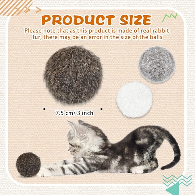LEIFIDE 12 Pieces Real Rabbit Fur Pom Pom Kitty Cat Toy Fluffy Cat Balls Soft Fuzzy Balls for Kitty Pets Kitten Chase Quiet Play, 3 Inches in Diameter(Gray, Coffee, White)-Mewly Pet