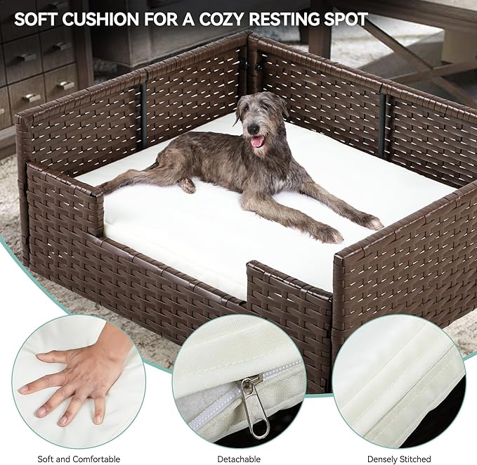 YITAHOME Rattan Dog Sofa Bed with Cushion, Wicker Pet Bed Sofa Couch Indoor Outdoor Waterproof for Large Medium Small Dogs Cats (34.6''L*23.6''W*11.8''H,Beige)-Mewly Pet